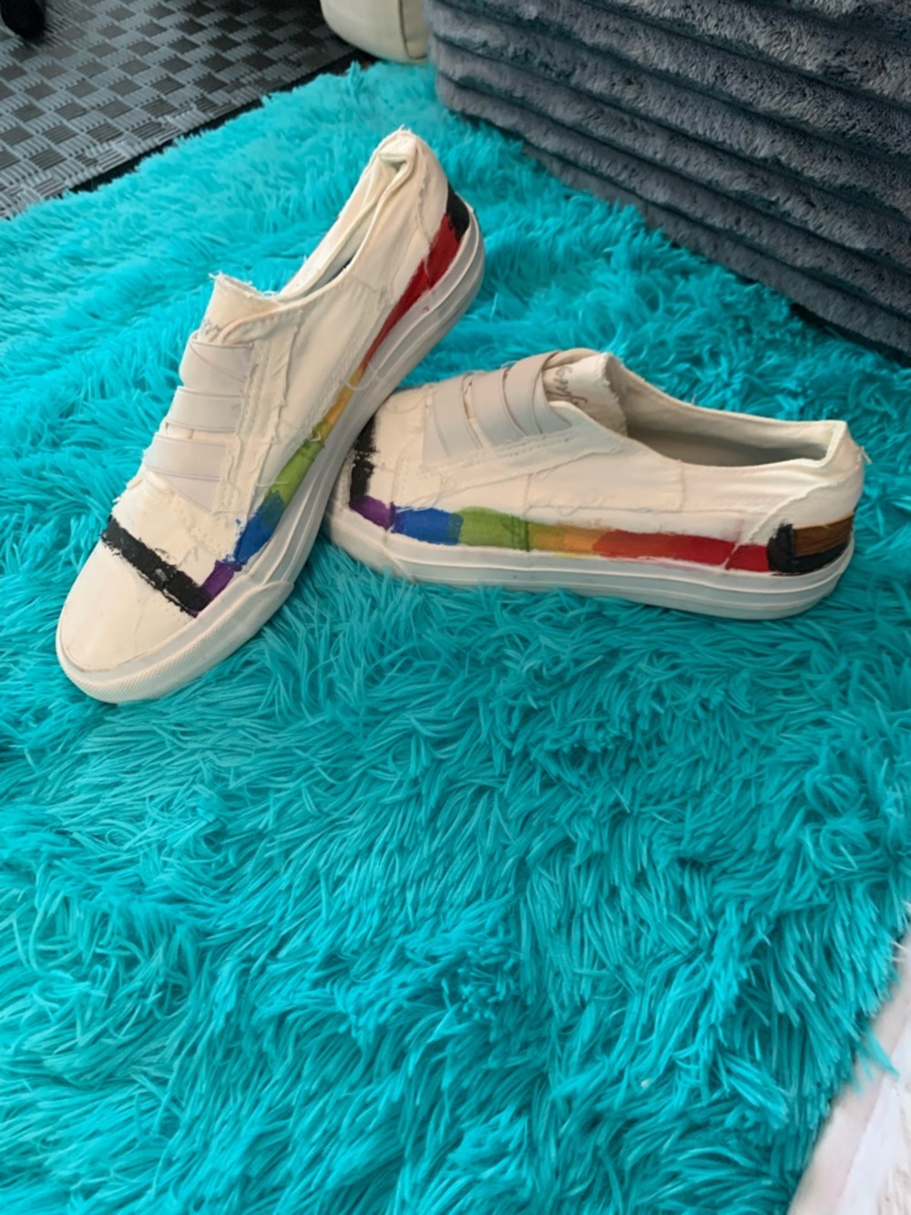 Blowfish White Canvas Slip-Ons with Multicolor Rainbow Painted Stripe Size 8
